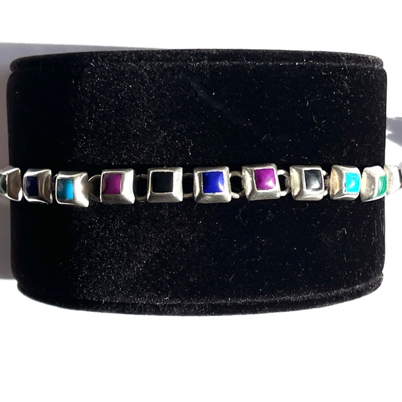 Vintage Mexico Sterling Silver Multi-Colored Gemstones Square Panels Bracelet - Picture 5 of 10